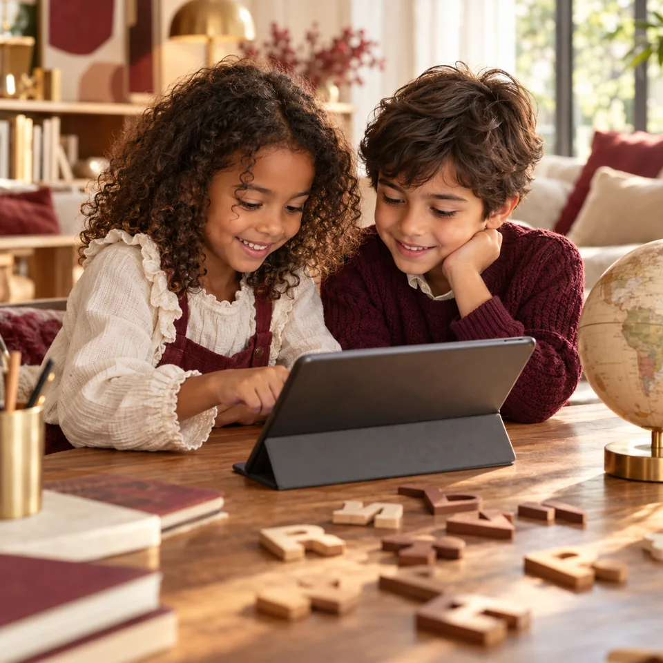 Deux enfants découvrent une activité sur une tablette