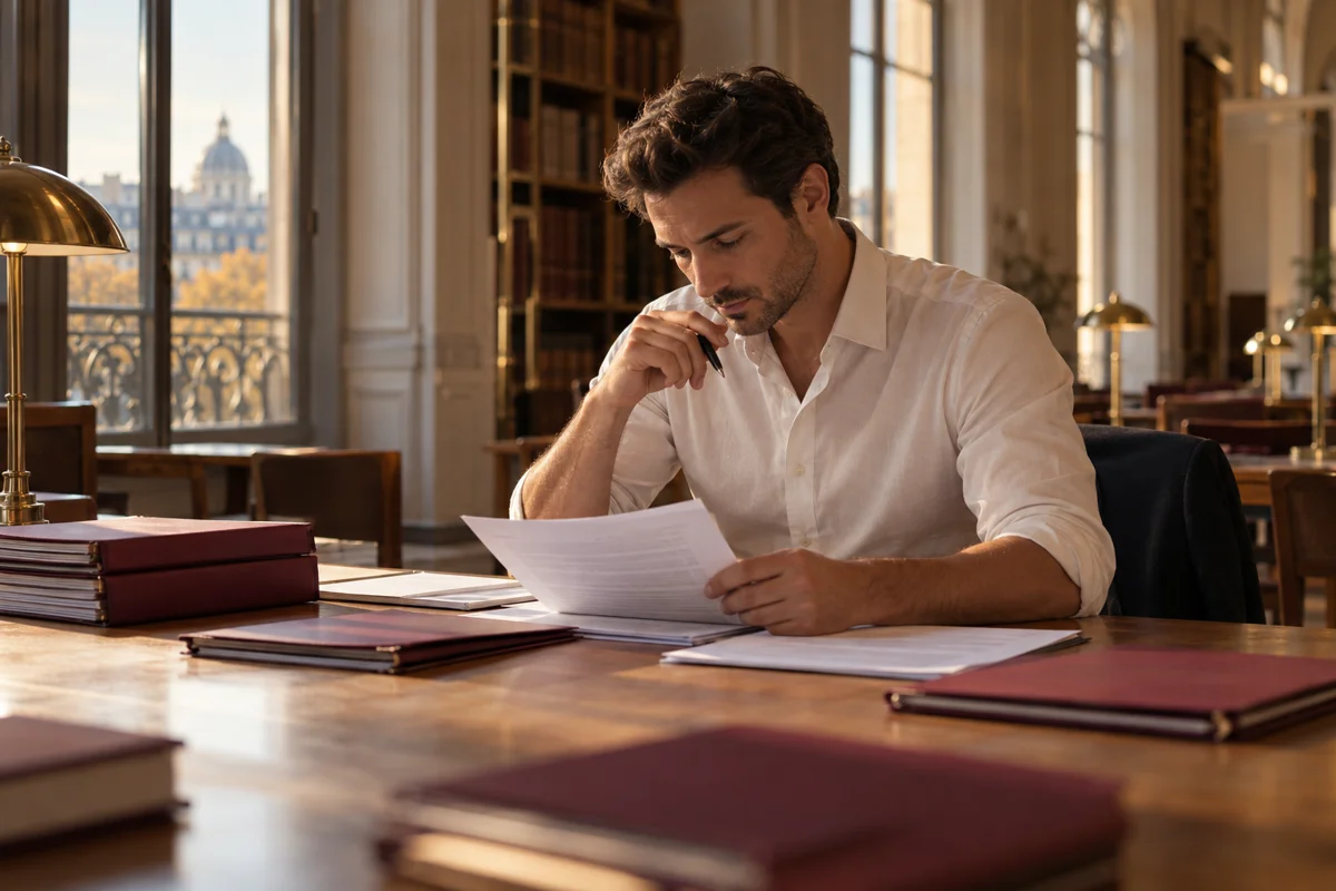 Un candidat révise ses documents dans une bibliothèque.